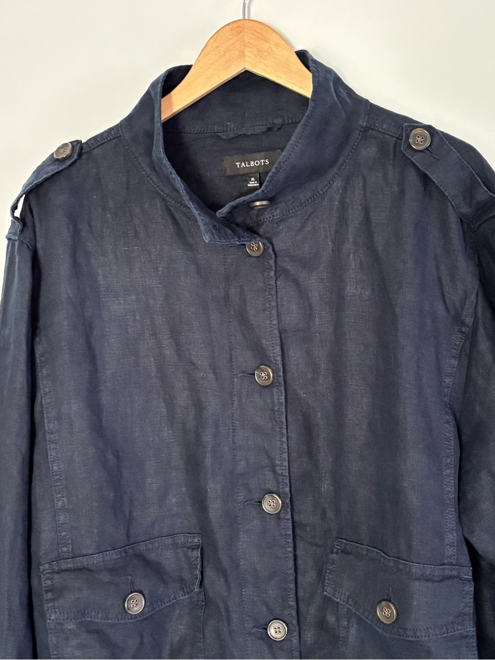 Talbots Women’s Navy Blue 100% Linen Button Front Utility Field Jacket XL - Picture 2 of 16